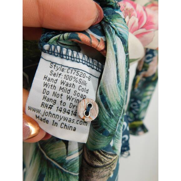 Johnny‎ Was Abina Blouse Size XS Oversized Tropical Bird Floral 100% Silk Blue - Picture 5 of 5